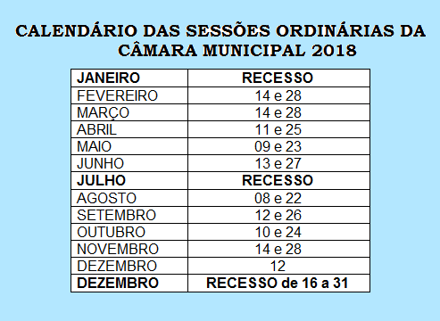 CALENDÁRIO DAS SESSÕES LEGISLATIVAS 2018
